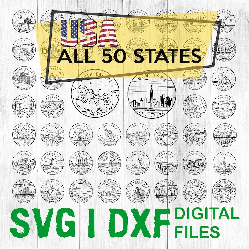 May include: A digital download of SVG and DXF files featuring illustrations of all 50 US states. Each state is represented by a unique design, including landmarks, symbols, and text. The designs are in black and white and are perfect for crafting projects.