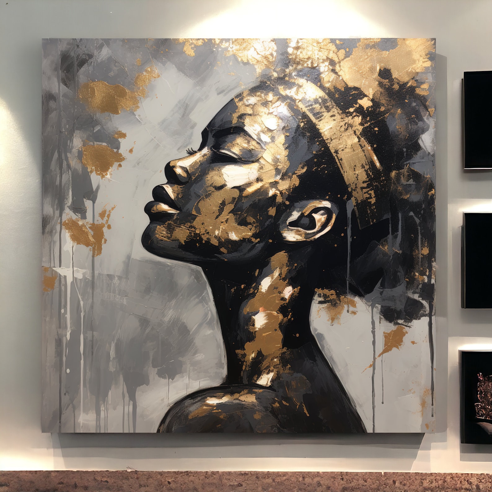 African Woman, Abstract Modern Art Portrait, Gold Black Poster, Print