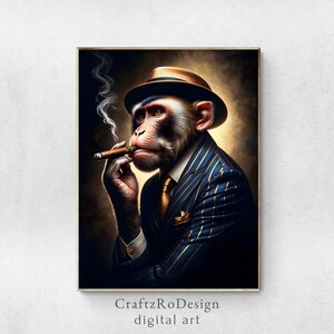May include: A digital art illustration of a monkey wearing a brown fedora and a blue pinstripe suit. The monkey is holding a cigar in its mouth and has a serious expression on its face.
