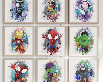 Spiderman Poster Set of 9 Prints, Superhero Nursery Decor, Boys & Girls Room Wall Art, Amazing Friends  Printable Gift, Digital Download