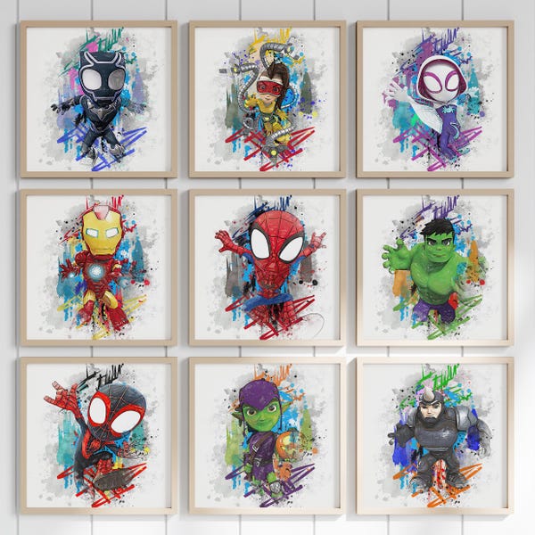 Spiderman Poster Set of 9 Prints, Superhero Nursery Decor, Boys & Girls Room Wall Art, Amazing Friends  Printable Gift, Digital Download