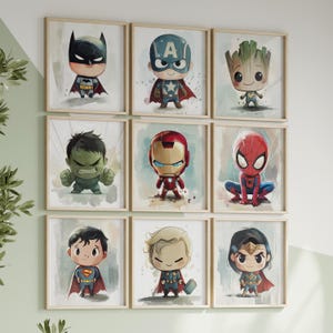 Set von 9 Chibi Held Kinderzimmer Wandbilder | Spaß & niedlicher Cartoon-Stil, druckbare Kunst für Kinderdekor | Junge Mädchen Spielzimmer, Instant Download