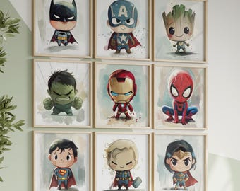Set of 9 Chibi Hero Nursery Wall Prints | Fun & Cute Cartoon-Style, Printable Art for Kids’ Decor | Boy Girl Playroom, Instant Download
