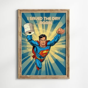 Funny Superhero Toilet Paper Bathroom Art Print (Digital Download)