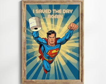 Funny Superhero Toilet Paper Bathroom Art Print (Digital Download)
