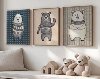 Boho Bear Nursery Art Prints – Woodland Set of 3 (Digital Download)