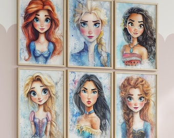 Princess Wall Art Bundle - Nursery Printable Art for Girls Room Decor, Popular Fairy Tale Princess Posters, Digital Download Artwork