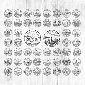 May include: Black and white illustrations of state emblems for each of the 50 states in the United States. Each emblem is a circle with a design representing the state. The state name is written above the emblem.