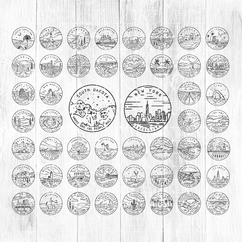 May include: Black and white illustrations of state emblems for each of the 50 states in the United States. Each emblem is a circle with a design representing the state. The state name is written above the emblem.