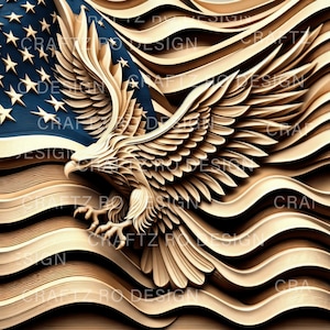 May include: A wooden carving of an American bald eagle with its wings spread wide, soaring above a carved American flag. The eagle is in a natural wood color, while the flag is in shades of brown and beige.
