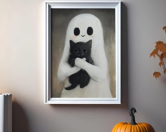 Halloween Ghost & Black Cat Art Print | Spooky Home Decor (Digital Download)