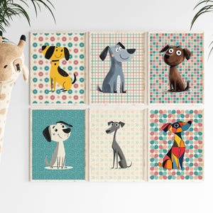 Whimsical Cartoon Dog Prints, Retro Puppy Wall Art, Vintage Nursery & Kids Room Decor, Playful Pet Posters, Digital Download, 6 Kids Posters
