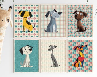 Cartoon Dog Prints, Retro Nursery Wall Art (Digital Download)