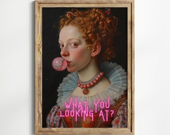 Funny Victorian Lady Bubble Gum Art, Humorous Bathroom Print (Digital Download)