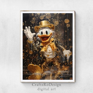 Scrooge McDuck / Arte imprimible / Pintura abstracta moderna / Impresión de arte digital descargable / Decoración peculiar para el hogar / Diseño dorado y negro / MPA1