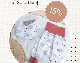 SOFORTKAUF Set Größe 62/68 Pumphose und Halstuch Bio-Jersey "Igel grau" kuschelig weich für Baby und Kleinkind Mitwachs-Bündchen verfügbar