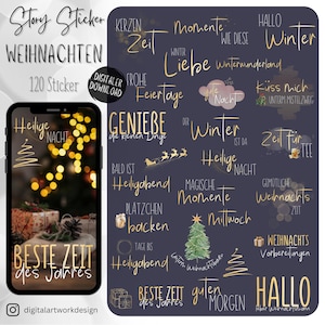 Könnte beinhalten: Ein digitaler Download von 120 weihnachtlichen Stickern mit goldener Schrift auf dunkelblauem Hintergrund. Die Sticker beinhalten Sätze wie "Winter Wonderland", "Heilige Nacht", "Beste Zeit des Jahres" und "Geniesse die kleinen Dinge".