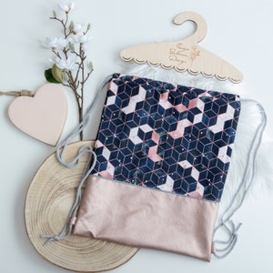 SOFORTKAUF Beutel BIO Canvas Kunstleder Geometrie-Muster Lederimitat mit Kordel mit Innenfach nachtblau rosé blau Damen Muttertag Geschenk