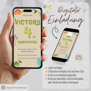 Digitale Vorlage Einladung Dinosaurier Geburtstag JPG PNG PDF Canva individuell personalisierbar direkt runterladen digital versenden Kind