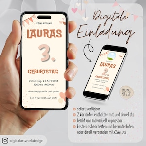 Digitale Vorlage Einladung Geburtstag JPG PNG PDF Canva individuell personalisierbar direkt runterladen und digital versenden Baby Kleinkind