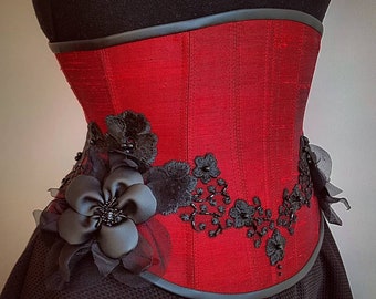 Hand embellished red silk waist cincher, underbust corset w/ black lace and leather binding, ornate luxury corsetry, made to measure garment