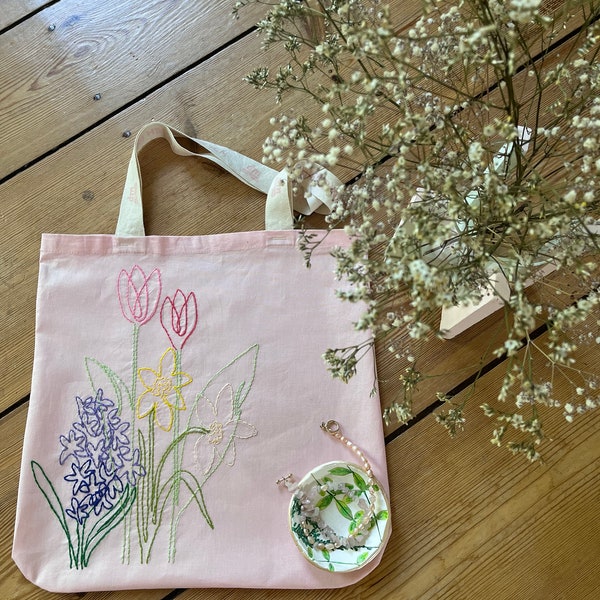 Jute Beutel Stickerei Blumen Rosa | Tote Bag Shopper Stoffbeutel | Floral Natur Design | upcycling nachhaltig handmade handgefertigte Tasche