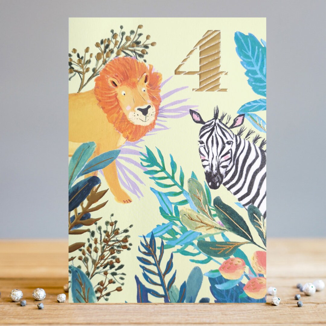4th Birthday Lion & Zebra Happy Birthday Greeting Card Blank Inside - Etsy