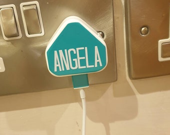 Personalised phone charger plug label, iPhone, tech stocking filler, mobile accessories.