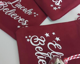 Christmas Eve Bell Santa Sleigh Tradition Gift Personalised Memory Box Kids Father Xmas Magic Keepsake Believe Burgundy Velvet Pouch Custom