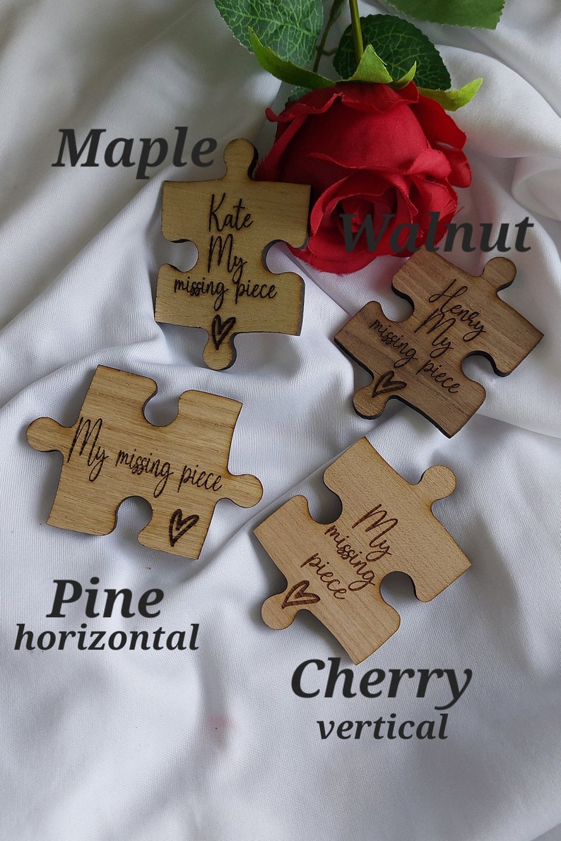 Jigsaw pieces in various wood finishes. Maple, Walnut, Cherry and Pine