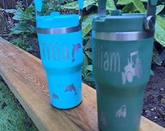 Kids themed engraved medium 20oz/ 600ml insulated tumbler, lid handle, cold drinks, water bottle, Back to school, leakproof, tractor, fairy