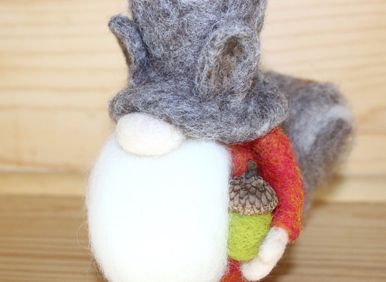 Needle Felted Gnome wearing Squirrel Hat, Squirrel Tail image 7