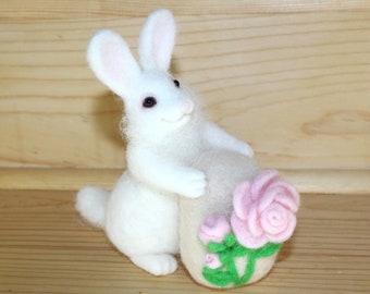 Needle Felted White Rabbit with Easter Egg, Pink Roses