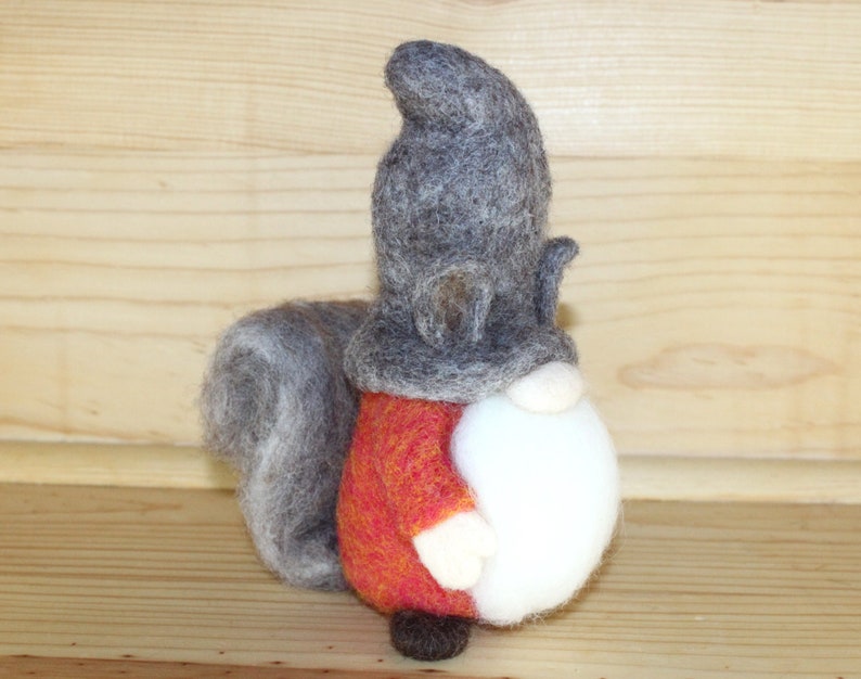Needle Felted Gnome wearing Squirrel Hat, Squirrel Tail image 6