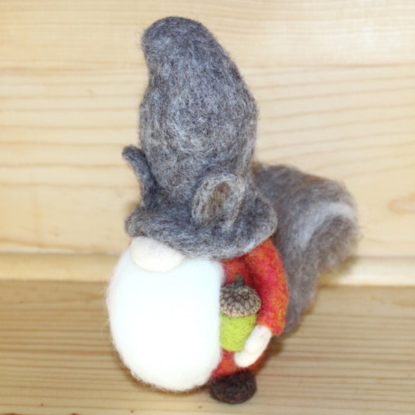 Needle Felted  Gnome wearing Squirrel Hat, Squirrel Tail
