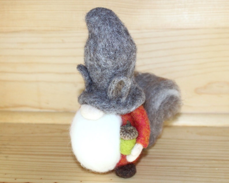 Needle Felted Gnome wearing Squirrel Hat, Squirrel Tail image 1