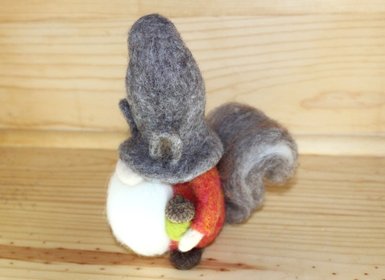 Needle Felted Gnome wearing Squirrel Hat, Squirrel Tail image 9