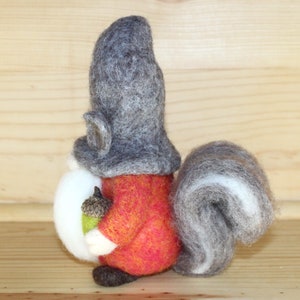 Needle Felted Gnome wearing Squirrel Hat, Squirrel Tail image 4