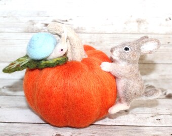 Needle Felted Orange Pumpkin with Baby Bunny and Snail