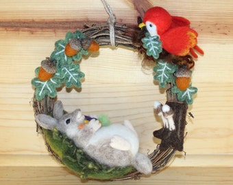 8" Grapevine Wreath, Needle Felted Bunny and Bird with Acorns and Mushrooms