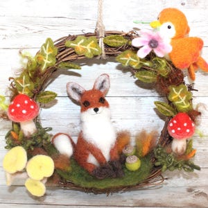 8&quot; Grapevine Wreath, Needle Felted Red Fox and Bird with Mushrooms