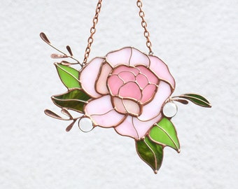 Fleur de pivoine, vitrail attrape-soleil, cadeau de printemps, décoration d'intérieur, tentures de fenêtre, art mural en verre, cadeau de fête des mères