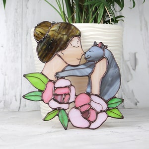 Suncatcher Women loves her pet Stained Glass Window Hanging Decor Cat Art gift Сustom pet portrait Wall Window Hangings Mother’s day Gift