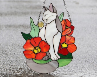 Suncatcher Grey Cat in Poppy Flowers Stained Glass Window Hanging Panel Glass Wall Decor Cat Art gift Mother’s Gift Custom Cat