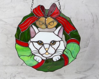 Suncatcher Сat in a Christmas wreath Stained Glass Window Hangins Christmas home decor Cat Art gift Unique wall decor Custom pet portrait