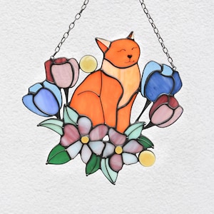 Suncatcher Orange Cat in Tulip Flowers Stained Glass Window Hangins Glass Wall Decor Cat Art gift Mother’s day gift Custom Cat