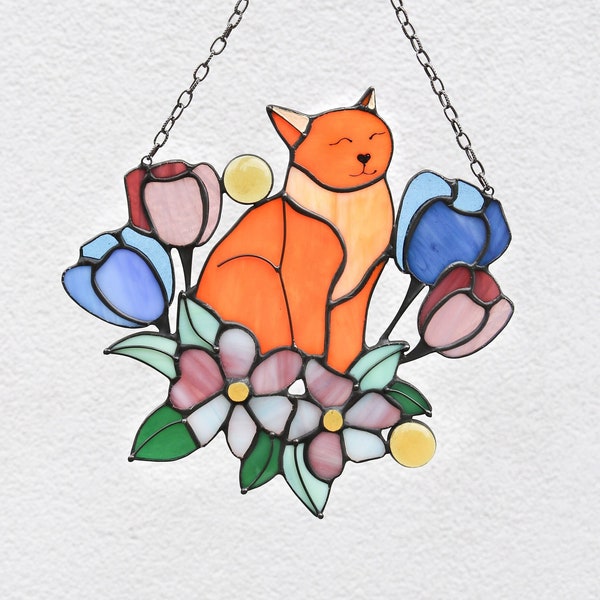Suncatcher Orange Cat in Tulip Flowers Stained Glass Window Hangins Glass Wall Decor Cat Art gift Mother’s day gift Custom Cat