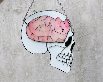 Suncatcher Skull with Cat-brains Stained glass window hanging Home decor Spooky Art Gift for cat lovers Halloween decor Gift for Halloween