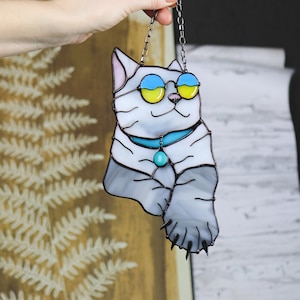 Suncatcher Light Grey Cat in round glasses Stained Hanging decor Cat Art Gifts Window panel Glass wall art Cat lover Window decor