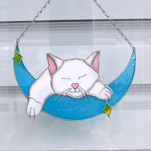 Cat on the Moon Suncatcher Stained Glass Window Hangins Glass Wall Decor Cat Art gift Custom Cat Gift idea for cat lover